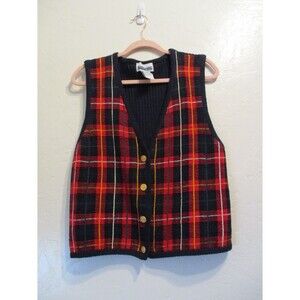 Prophecy Petite Womens Sz L Plaid Knit Button Front Vest Red Navy Gold Cotton